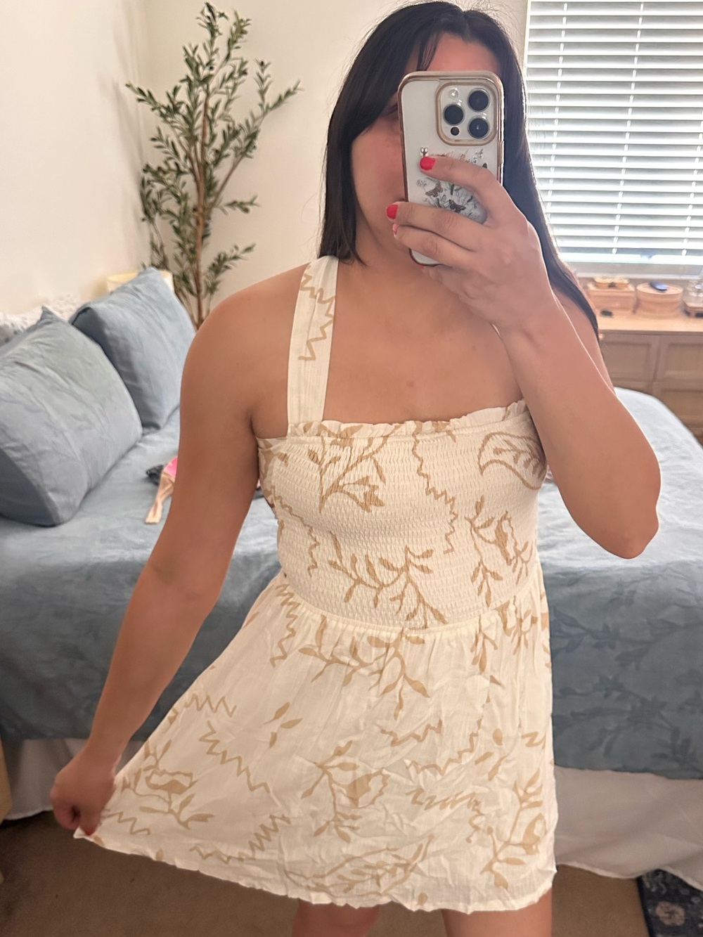 Cream Floral Smocked Mini Dress with Wide Strap